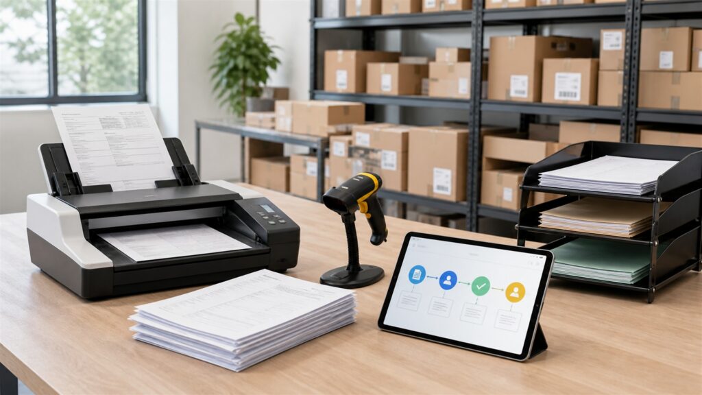 unbranded warehouse inventory workstation with barcode scanner, blank inventory dashboard, organized cartons, shelf bins, and handheld terminal for a document workflows buying decision