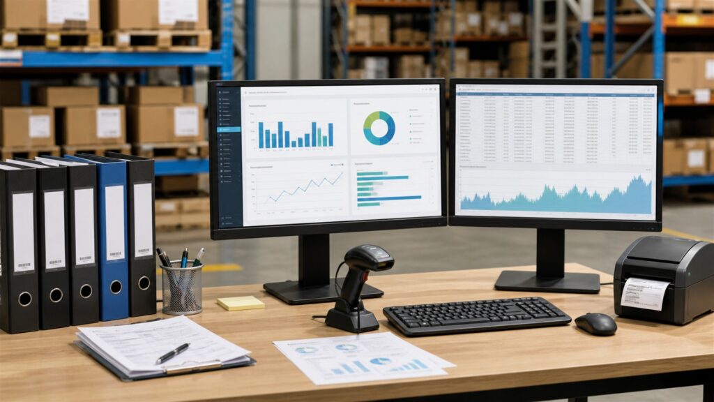 unbranded warehouse inventory workstation with barcode scanner, blank inventory dashboard, organized cartons, shelf bins, and handheld terminal for a operational reporting buying decision