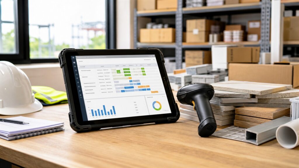 unbranded warehouse inventory workstation with barcode scanner, blank inventory dashboard, organized cartons, shelf bins, and handheld terminal for a project delivery buying decision