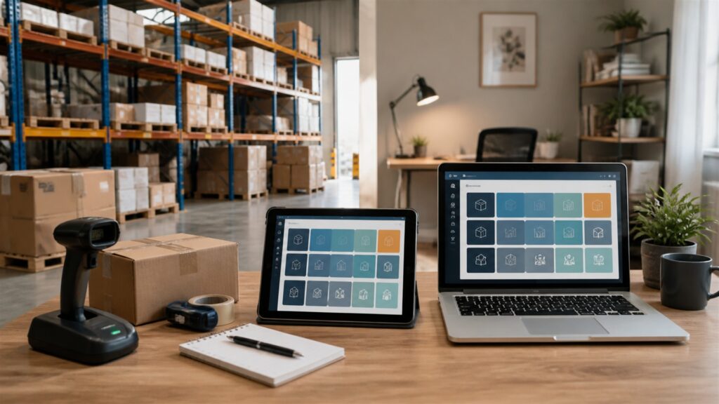 unbranded warehouse inventory workstation with barcode scanner, blank inventory dashboard, organized cartons, shelf bins, and handheld terminal for a remote collaboration buying decision