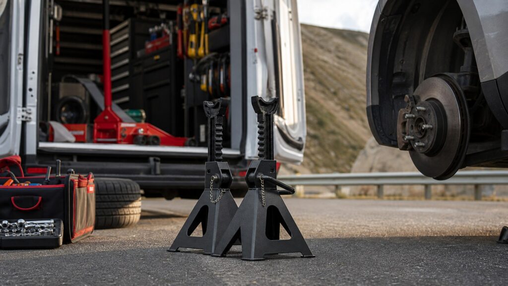 jack stands shopping setup for mobile mechanic kits with practical vehicle-focused details