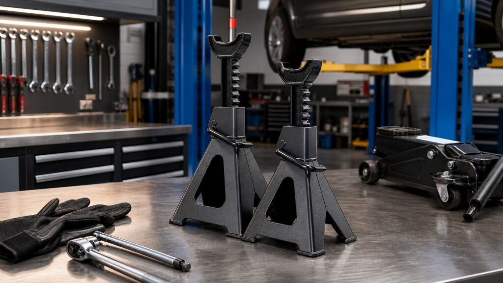 jack stands shopping setup for professional shop use with practical vehicle-focused details