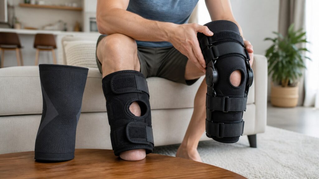 Unbranded knee braces arranged to compare cuff grip and compatibility with clothing