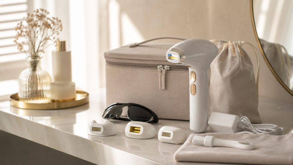 Unbranded laser hair removal devices arranged for a charging, cleaning, and storage buying guide
