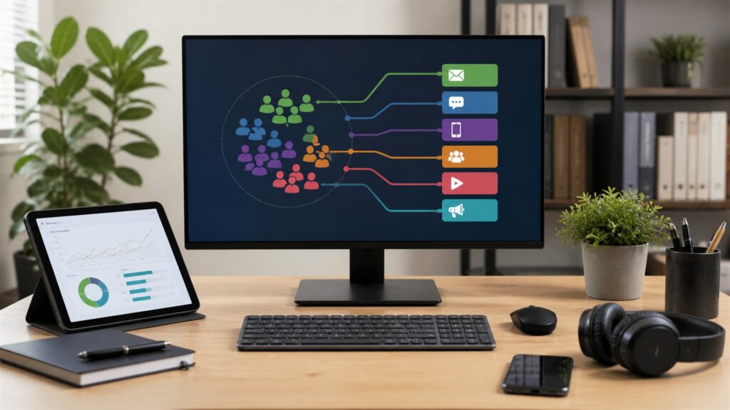 unbranded lead operations desk with blank funnel dashboard, form cards, CRM handoff board, headset, and source tracking tiles for a customer segmentation buying decision