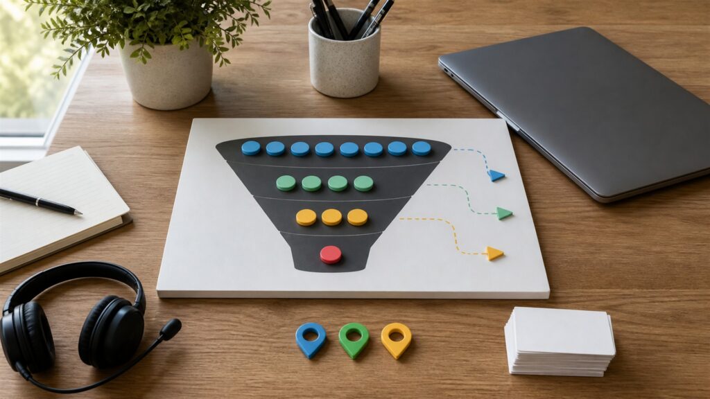 unbranded lead operations desk with blank funnel dashboard, form cards, CRM handoff board, headset, and source tracking tiles for a email campaigns buying decision
