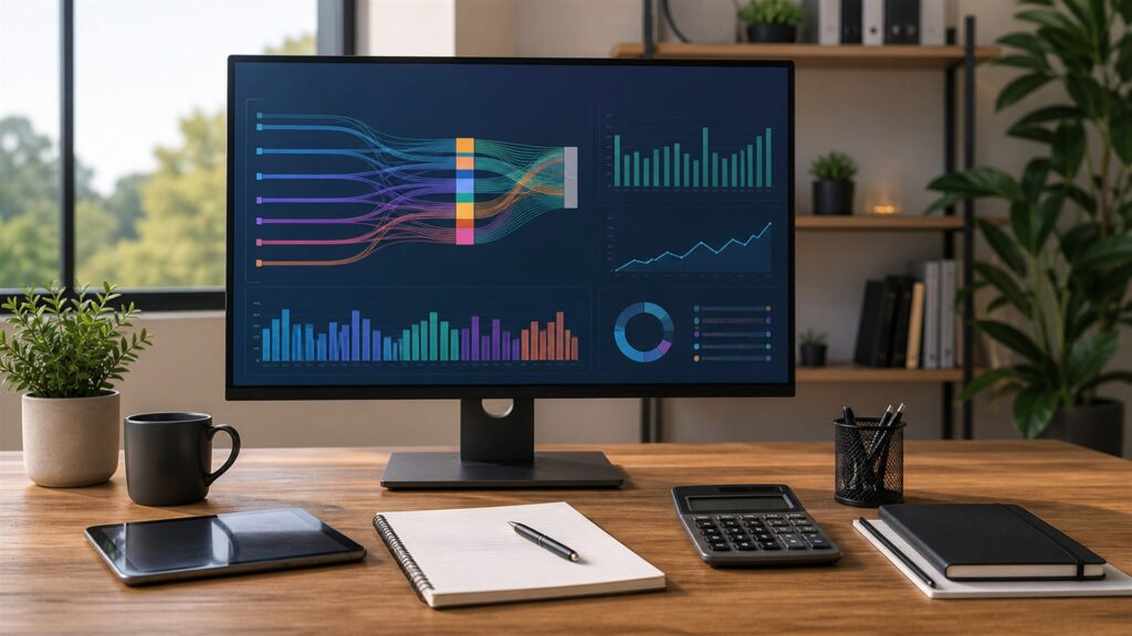 unbranded lead operations desk with blank funnel dashboard, form cards, CRM handoff board, headset, and source tracking tiles for a revenue tracking buying decision