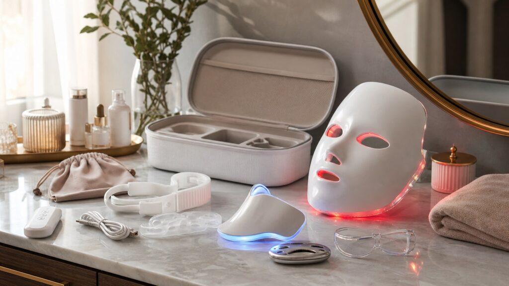 Unbranded led face masks arranged for a charging, cleaning, and storage buying guide