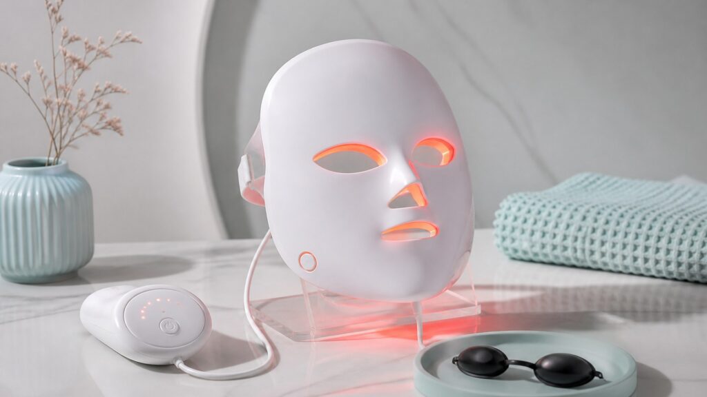 Unbranded editorial arrangement for LED light therapy devices for beginner use