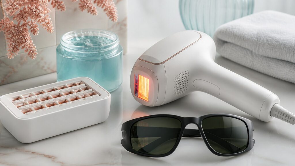 Unbranded editorial arrangement for LED light therapy devices for hair-removal goals