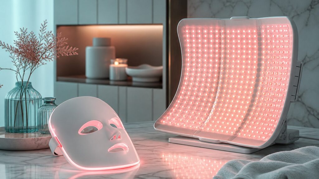 Unbranded editorial arrangement for LED light therapy devices for salon-alternative use