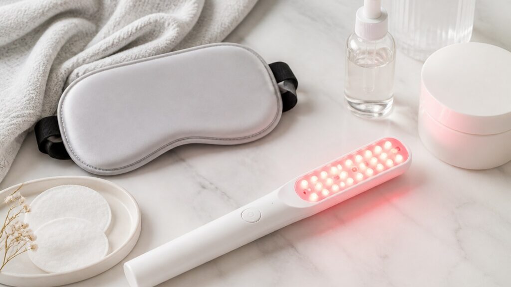 Unbranded editorial arrangement for LED light therapy devices for sensitive-skin use