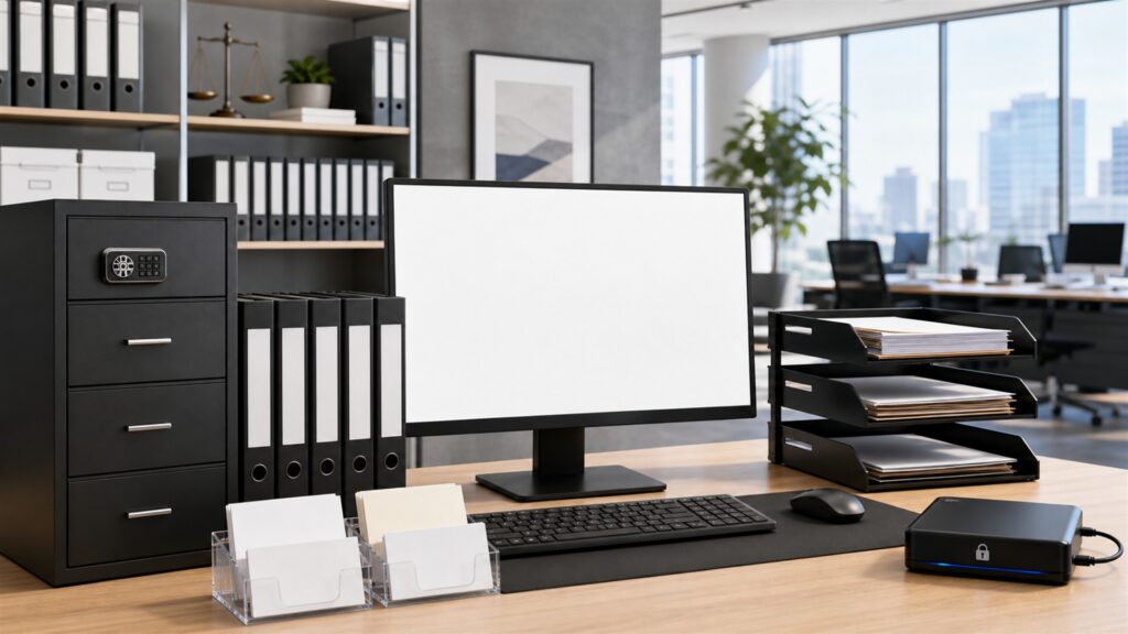 unbranded legal review workspace with organized contract folders, blank laptop screen, document scanner, secure case file box, and neutral office setting for a growing teams buying decision