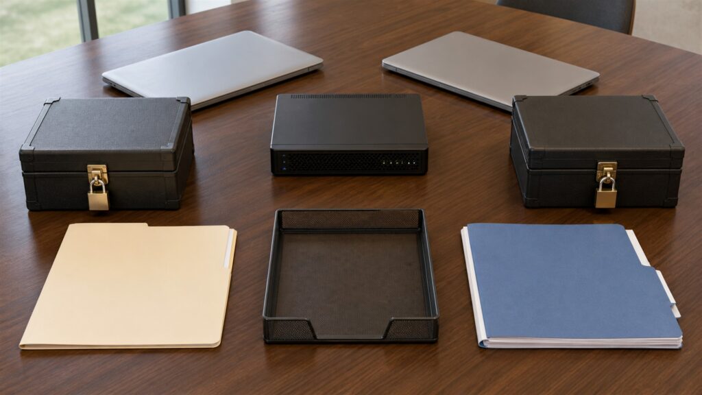 unbranded legal review workspace with organized contract folders, blank laptop screen, document scanner, secure case file box, and neutral office setting for a outsourced operations buying decision