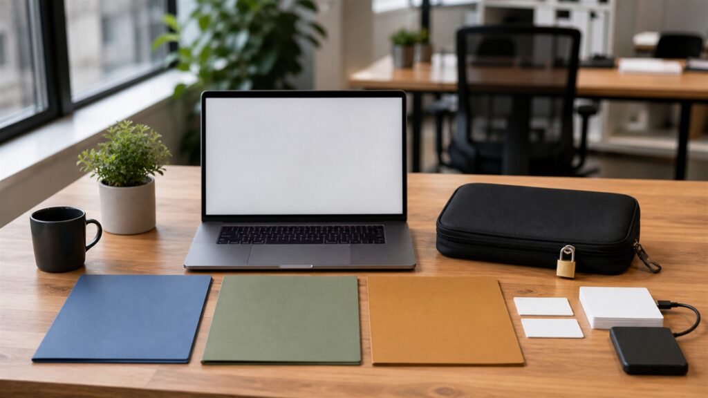 unbranded legal review workspace with organized contract folders, blank laptop screen, document scanner, secure case file box, and neutral office setting for a startup support buying decision