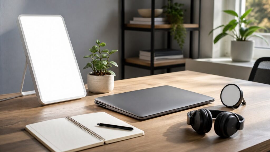 generic light therapy device on a desk with a blank timer, notebook, plant, and unbranded accessories