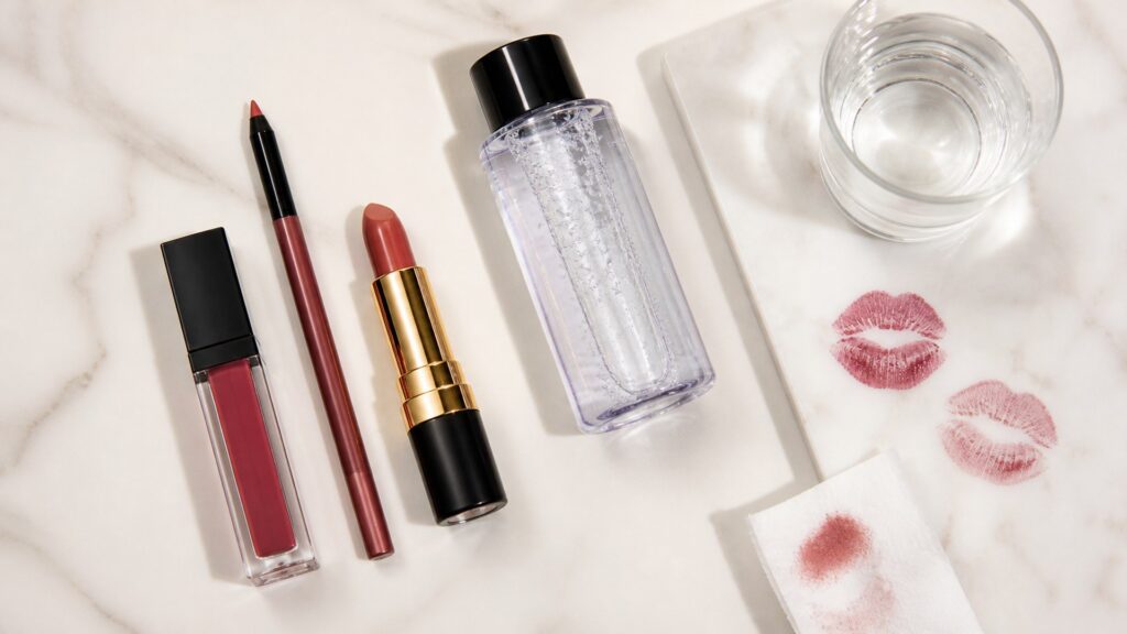 Unbranded editorial arrangement illustrating How to Choose Lip Makeup for Long-Wear Looks