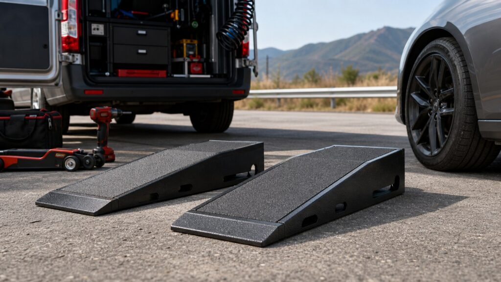 low profile ramps shopping setup for mobile mechanic kits with practical vehicle-focused details