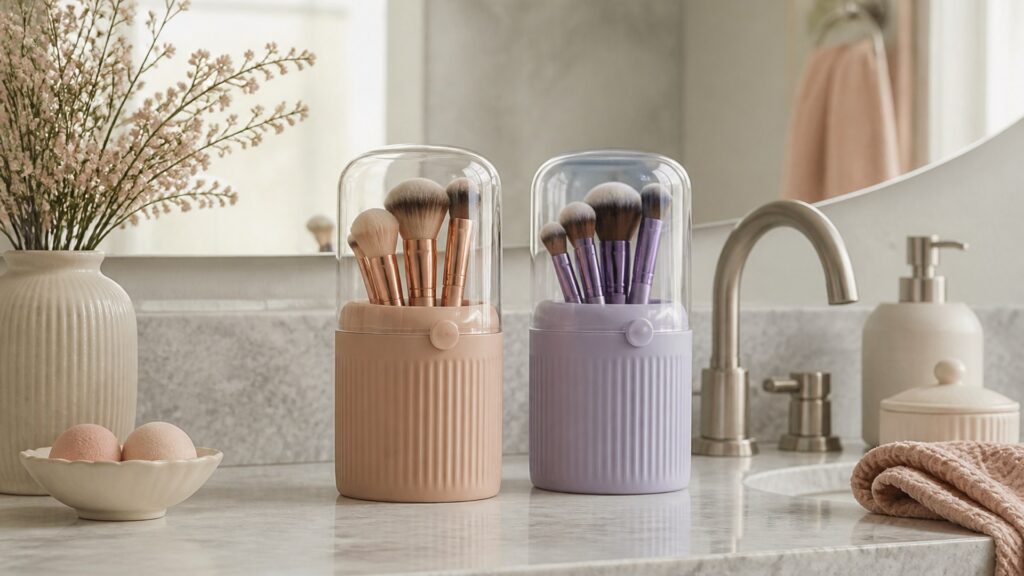 Unbranded editorial arrangement for How to Choose Makeup Brushes for Shared Bathrooms