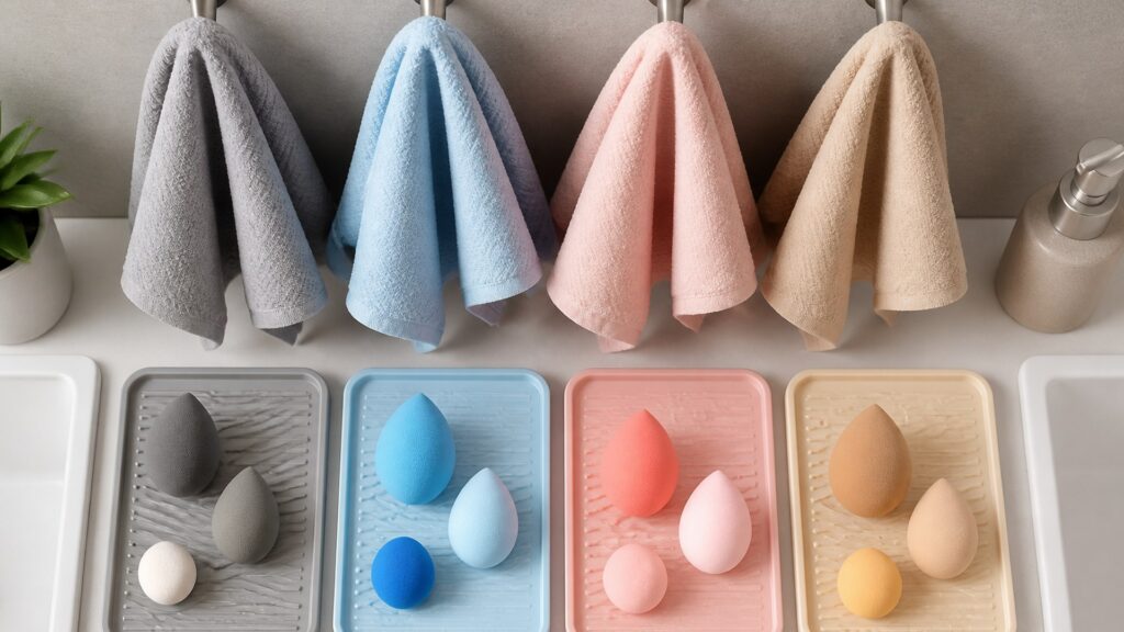 Unbranded editorial arrangement illustrating How to Choose Makeup Sponges for Shared Bathrooms