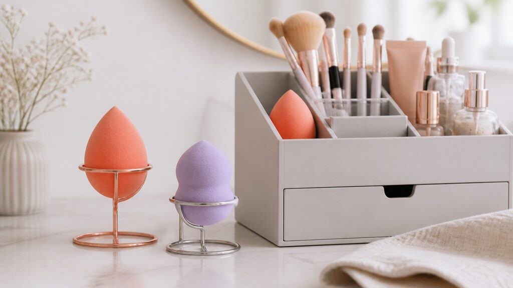 Unbranded editorial arrangement for How to Choose Makeup Sponges for Tool Organization