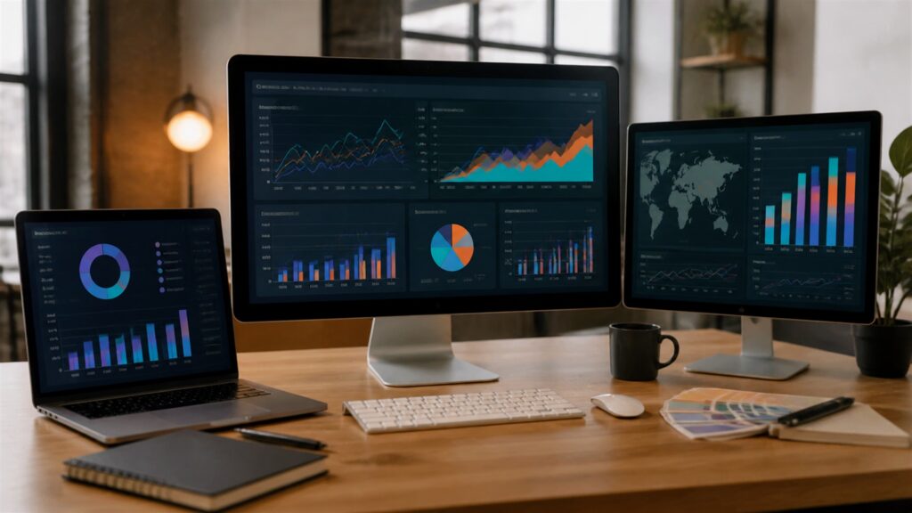 unbranded marketing analytics office with blank multichannel charts, campaign tiles, data hub, notebook, and reporting monitor for a campaign reporting buying decision