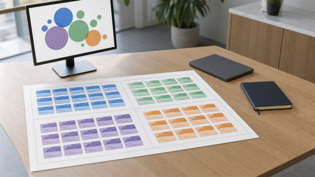 unbranded marketing analytics office with blank multichannel charts, campaign tiles, data hub, notebook, and reporting monitor for a customer segmentation buying decision