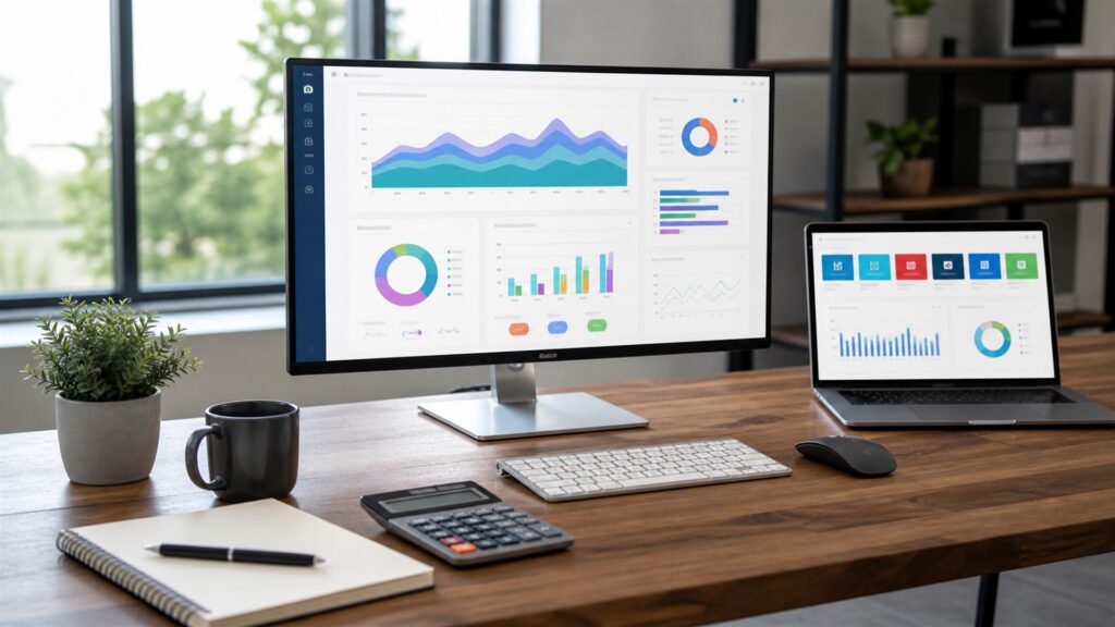 unbranded marketing analytics office with blank multichannel charts, campaign tiles, data hub, notebook, and reporting monitor for a email campaigns buying decision