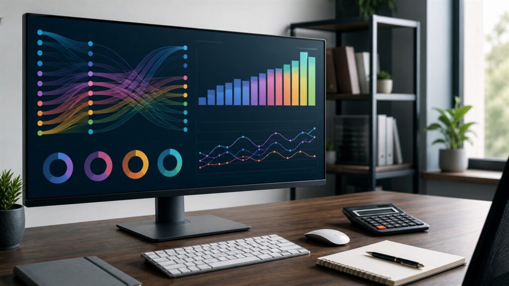 unbranded marketing analytics office with blank multichannel charts, campaign tiles, data hub, notebook, and reporting monitor for a revenue tracking buying decision