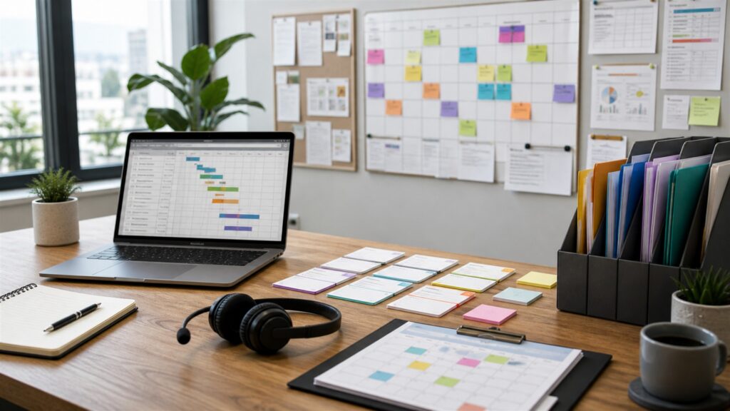 unbranded marketing planning table with color swatches, camera, blank analytics laptop, campaign cards, and organized creative materials for a outsourced operations buying decision