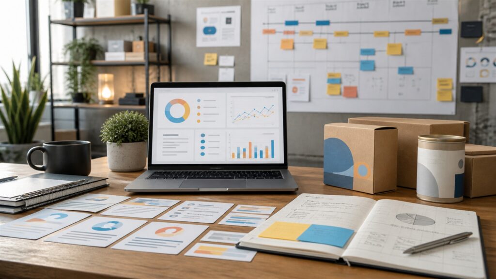 unbranded marketing planning table with color swatches, camera, blank analytics laptop, campaign cards, and organized creative materials for a startup support buying decision