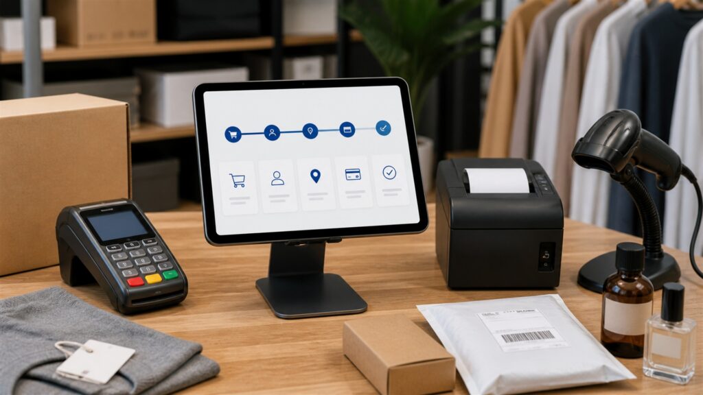 unbranded ecommerce operations desk with blank marketplace dashboards, shipping cartons, barcode scanner, product samples, and organized order station for a checkout workflows buying decision