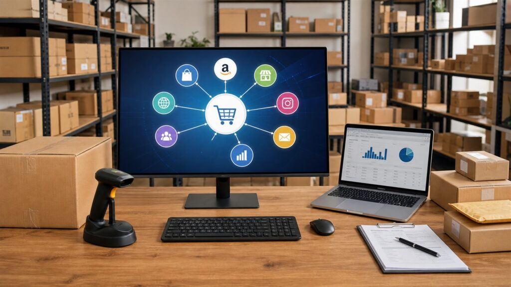 unbranded ecommerce operations desk with blank marketplace dashboards, shipping cartons, barcode scanner, product samples, and organized order station for a multi-channel sales buying decision