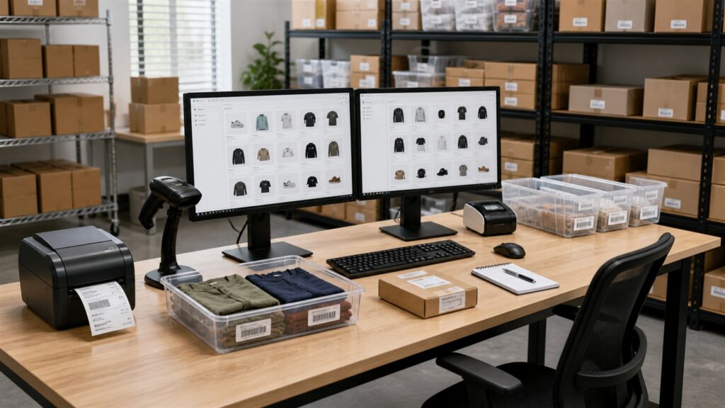 unbranded ecommerce operations desk with blank marketplace dashboards, shipping cartons, barcode scanner, product samples, and organized order station for a scaling catalogs buying decision