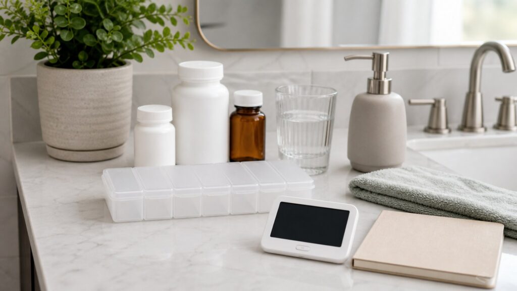 generic medication management products with pill organizer, blank reminder device, blank medicine bottles, water glass, and notebook