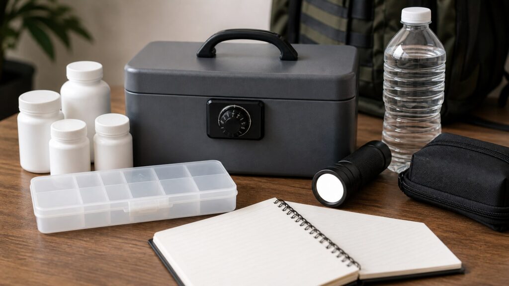 generic medication management products with pill organizer, blank reminder device, blank medicine bottles, water glass, and notebook