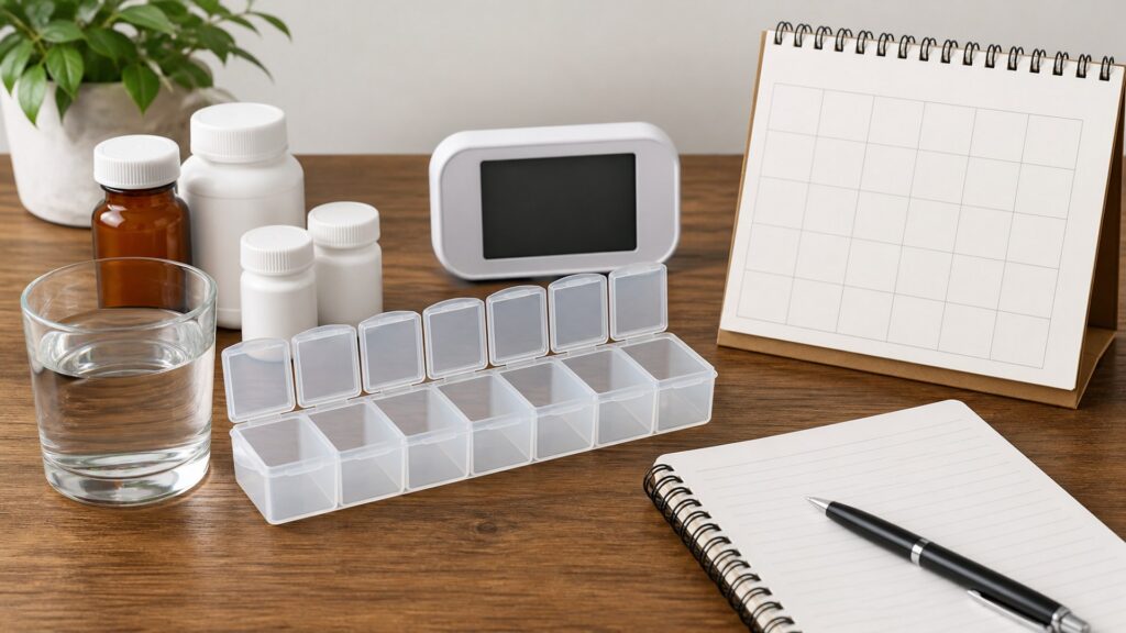 generic medication management products with pill organizer, blank reminder device, blank medicine bottles, water glass, and notebook