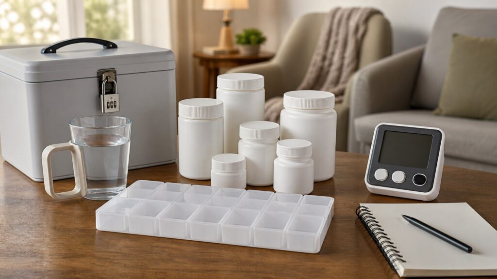 generic medication management products with pill organizer, blank reminder device, blank medicine bottles, water glass, and notebook