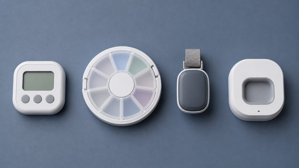 Unbranded medication reminder devices products arranged for a careful buying comparison
