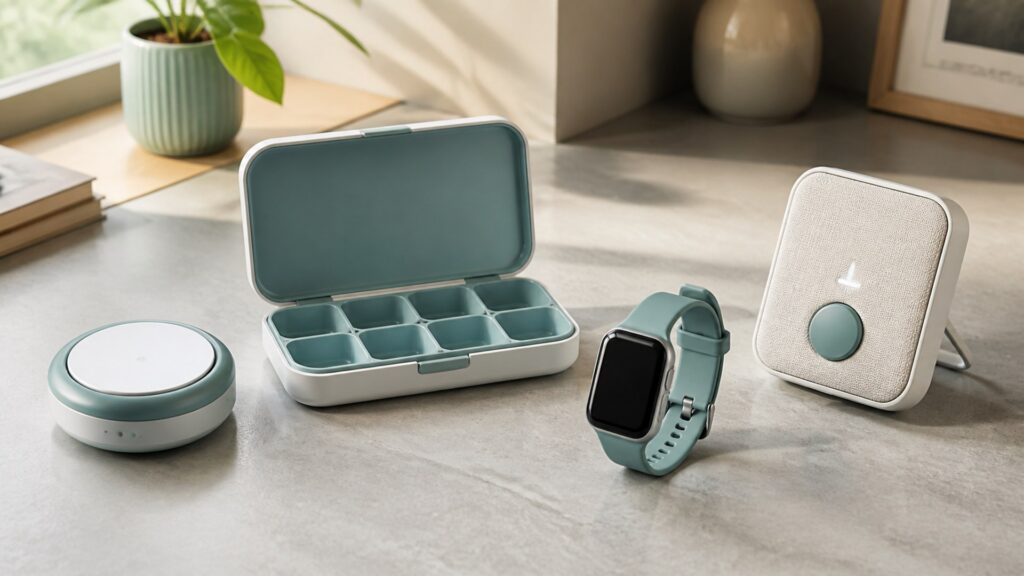 Unbranded medication reminder devices products arranged for a careful buying comparison