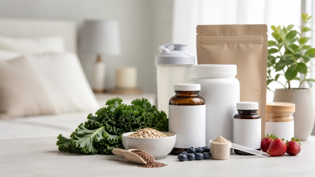Unbranded men’s health supplements products arranged for a careful buying comparison