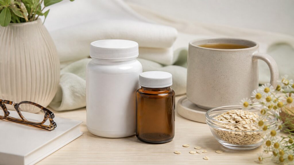 Unbranded men’s health supplements products arranged for a careful buying comparison