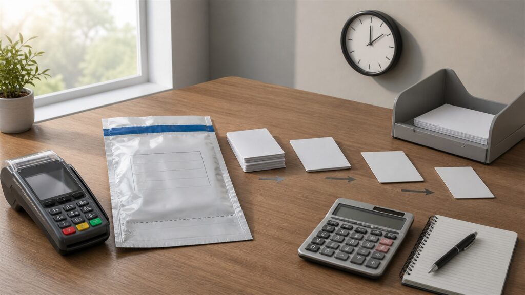 unbranded merchant payment operations counter with card terminal, receipt printer, sealed cash drawer, invoice tablet, settlement notebook, and neat cables for a fast deposits buying decision