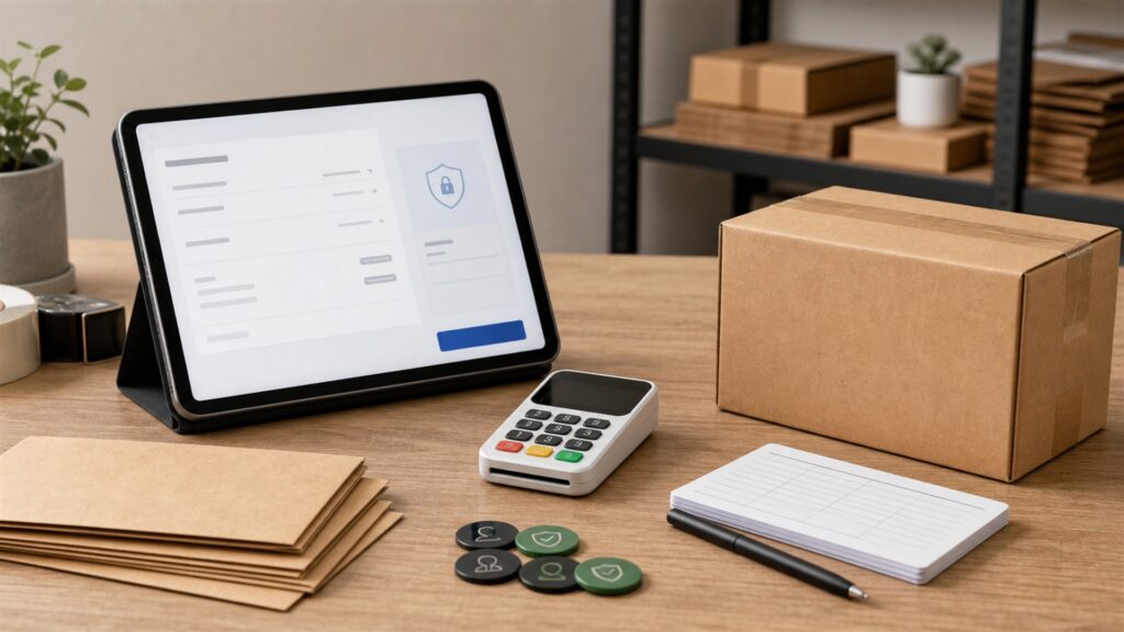 unbranded merchant payment operations counter with card terminal, receipt printer, sealed cash drawer, invoice tablet, settlement notebook, and neat cables for a online payments buying decision