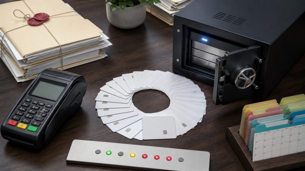 unbranded merchant payment operations counter with card terminal, receipt printer, sealed cash drawer, invoice tablet, settlement notebook, and neat cables for a recurring billing buying decision