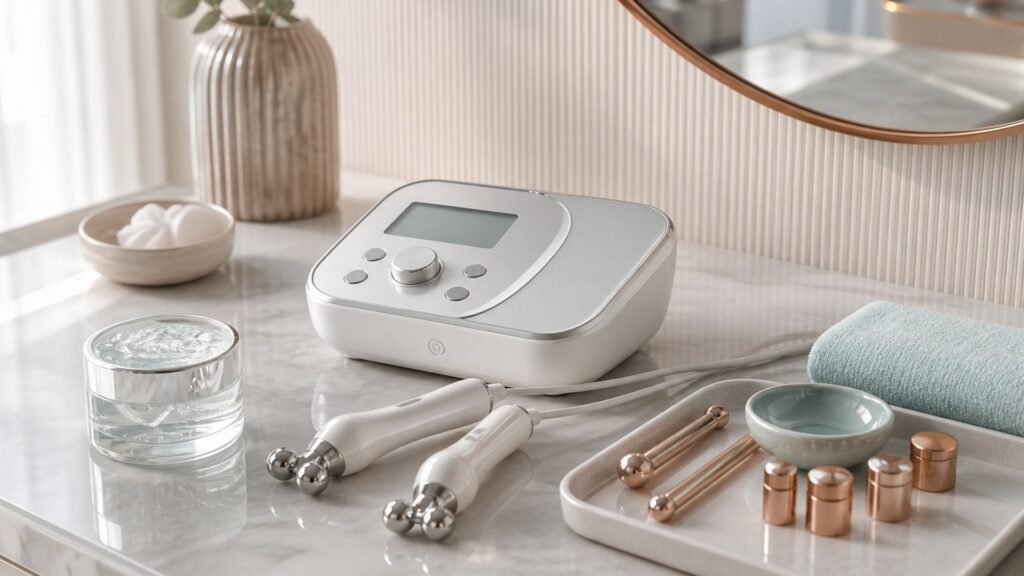 Unbranded editorial arrangement for microcurrent devices for salon-alternative use
