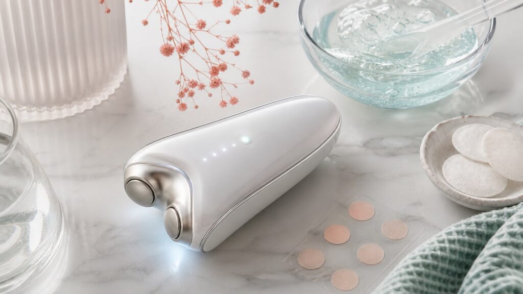 Unbranded editorial arrangement for microcurrent devices for sensitive-skin use