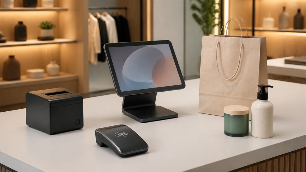 unbranded portable tablet checkout kit with card reader, compact receipt printer, charging dock, inventory scanner, and blank sales screen for a customer checkout buying decision