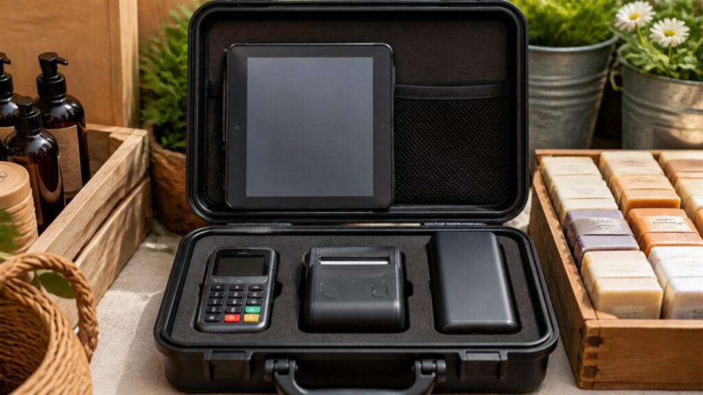 unbranded portable tablet checkout kit with card reader, compact receipt printer, charging dock, inventory scanner, and blank sales screen for a inventory tracking buying decision
