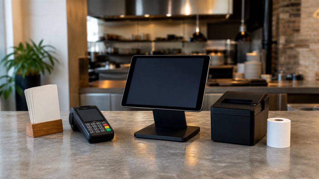unbranded portable tablet checkout kit with card reader, compact receipt printer, charging dock, inventory scanner, and blank sales screen for a restaurants buying decision